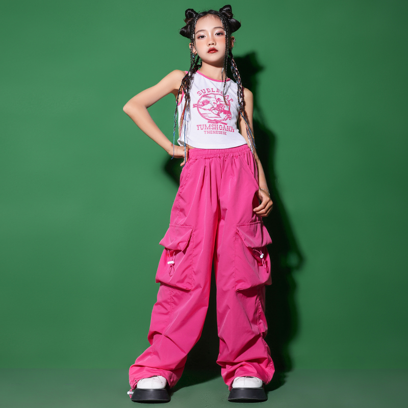 Girls Hip Hop Rose Pink Cargo Pants Teenage Crop Tops Vest Street Dance Joggers Children Streetwear Kids Jazz Clothes Sets
