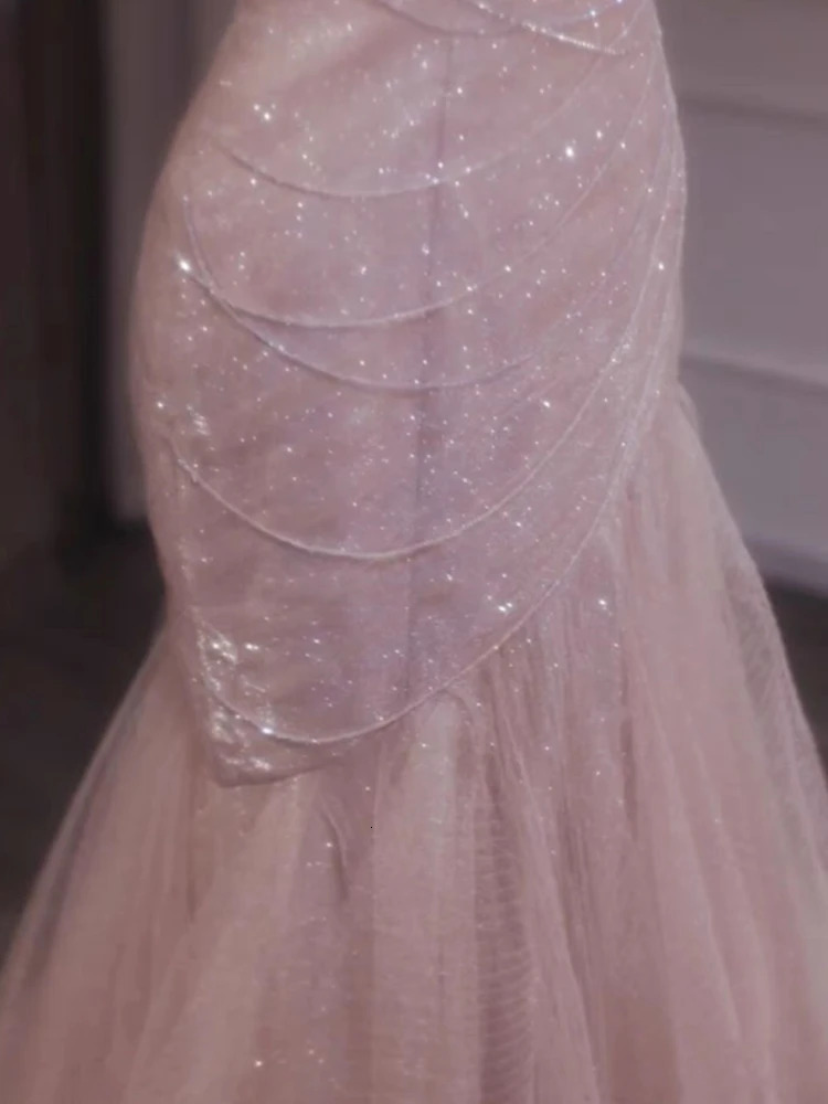 Rose Pink Mermaid Evening Dresses Pleat Asymmetry Chain Shiny Sequined Long Slim Fairy French Celebrity Prom Party Gowns Woman 240401