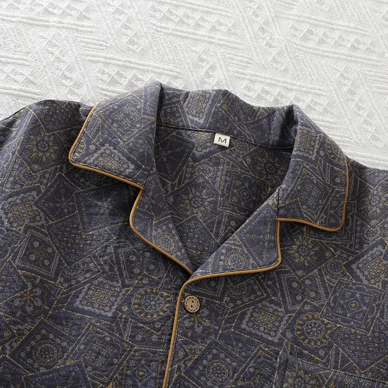 Cotton Doublelayer Simple Mens Spring and Autumn Sleepwear Thin Long Sleeved Pants Loose Home Pyjama Suit 241111