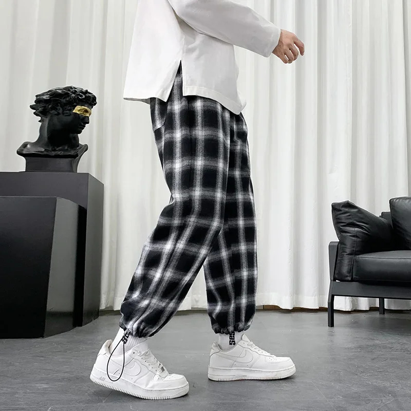 Mens Plaid Pants Summer Cotton Casual Losse Hip Hop Baggy Sweatpants Fashion Streetwear Korean Style Harem 240411 - view 4