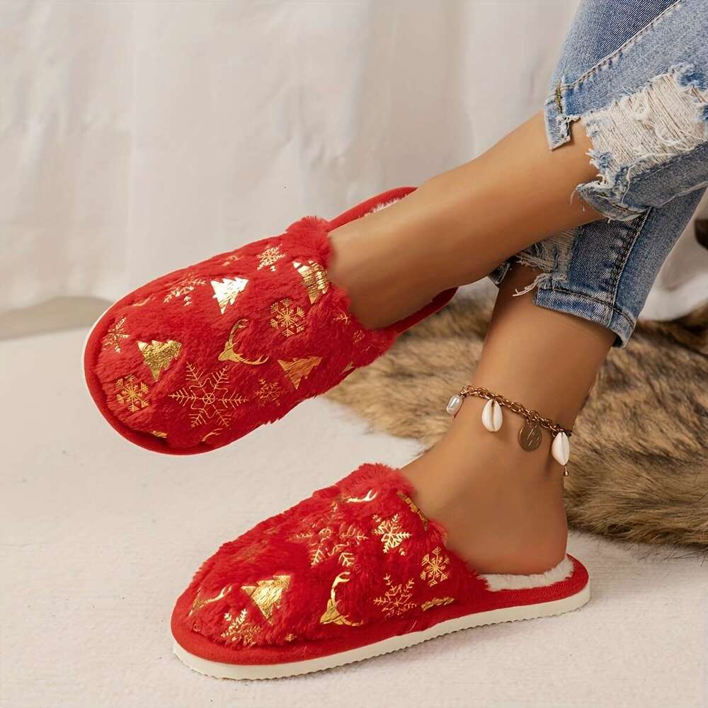 Christmas Couples' Cozy Tree Unisex Winter Indoor with Christmas Pattern - Soft, Warm, Comfortable Cotton Slippers for Men and Women