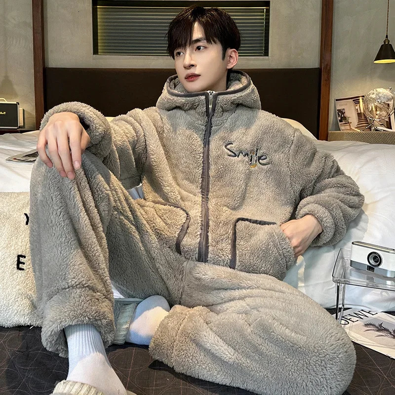 Coral Fleece Pajama Sets Men Winter Warm Sleepwear Long Sleeve Trouser Pajamas Flannel Thick Homewear Zipper Hooded 241111