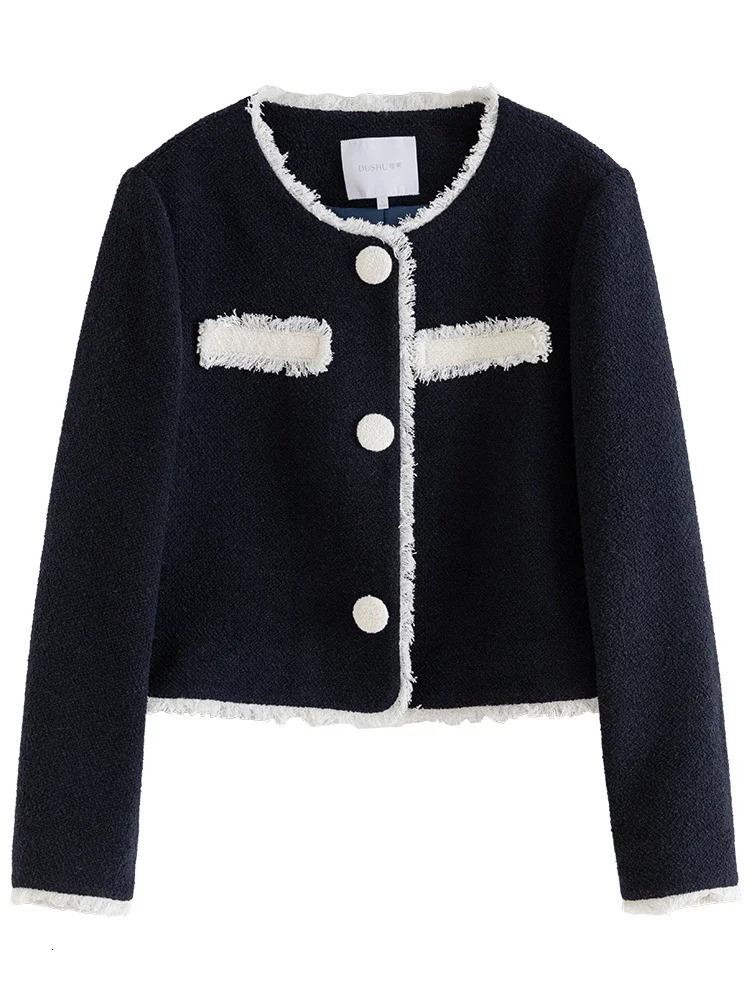 DUSHU Color Blocking Tassel Border Coarse Tweed Jacket For Winter Wool Blend Short Office Lady Women 241111