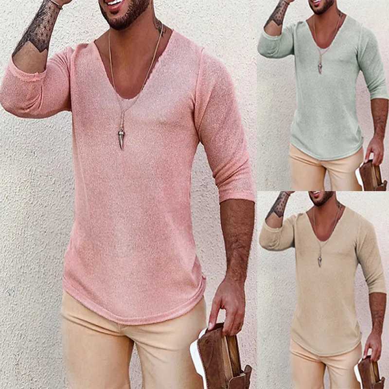 High Quality mens solid V-neck long Sve knitted plow spring and summer thin ultra-thin sweater casual mens clothing knitted top T241111