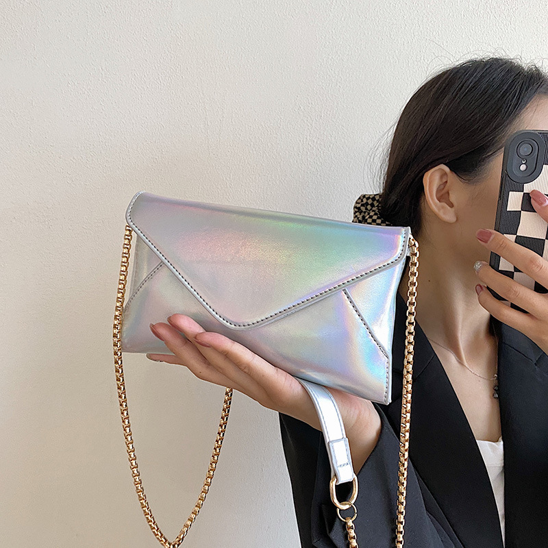 New Women's Evening Shoulder Bag Leather Clutch Purse Wedding Party Prom Wedding Envelope Handbag Silver Crossbody with Chain