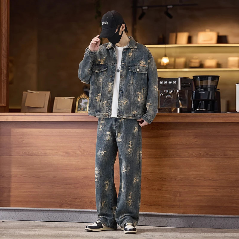 autumn vintage high-end personalized jacquard mens loose jeans Korean hip-hop fashion mens pants 241108