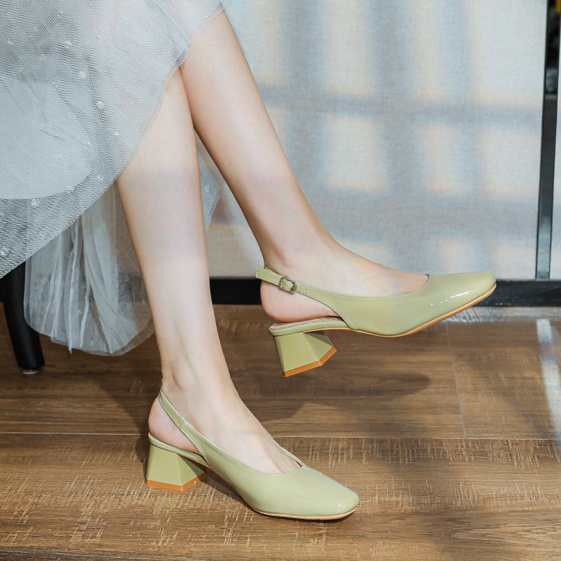 OL shoes suqare toe japanned leather sandals women thick high heels summer shoes back strap green sandalias mujer big size 43