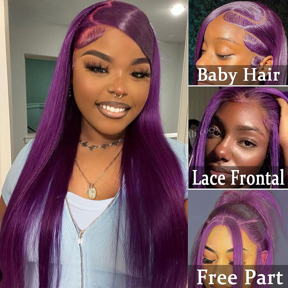 180density 13X4 Wig Dark Purple Frontal Human Hair For Woman Pre Plucked Straight Colored Lace Front Wigs