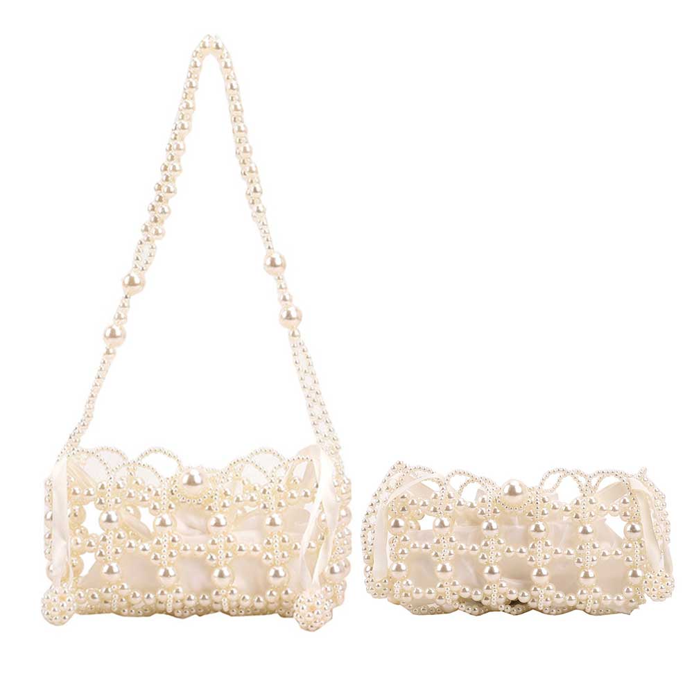 Women Beading Shoulder Bag Handmade Beaded Evening Clutch Purse Retro Pearl Exquisite Elegant Shiny Banquet Party Bag