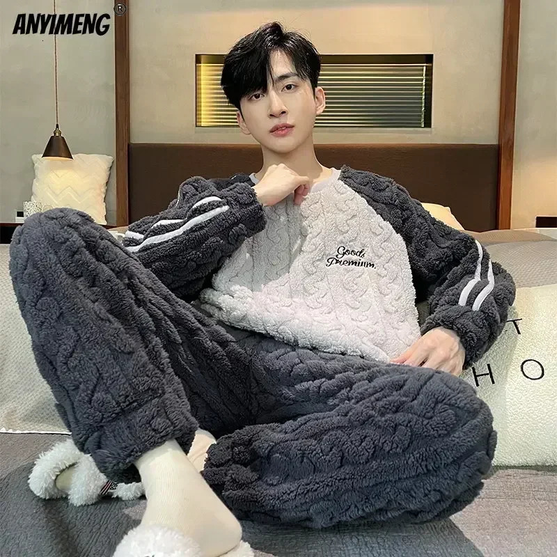 L5XL Big Size Mens Pajamas Set Winter Thick Velvet Coral Pajama for Man Leisure Sporty Sleepwear Chubby Thermal Pijamas Boy 241111