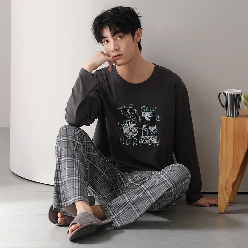 Type Pure Cotton Pajamas Suit Autumn Winter Men Longsleeved Largesize Lycra Loungewear Set Male Soft Homewear Gents 241111