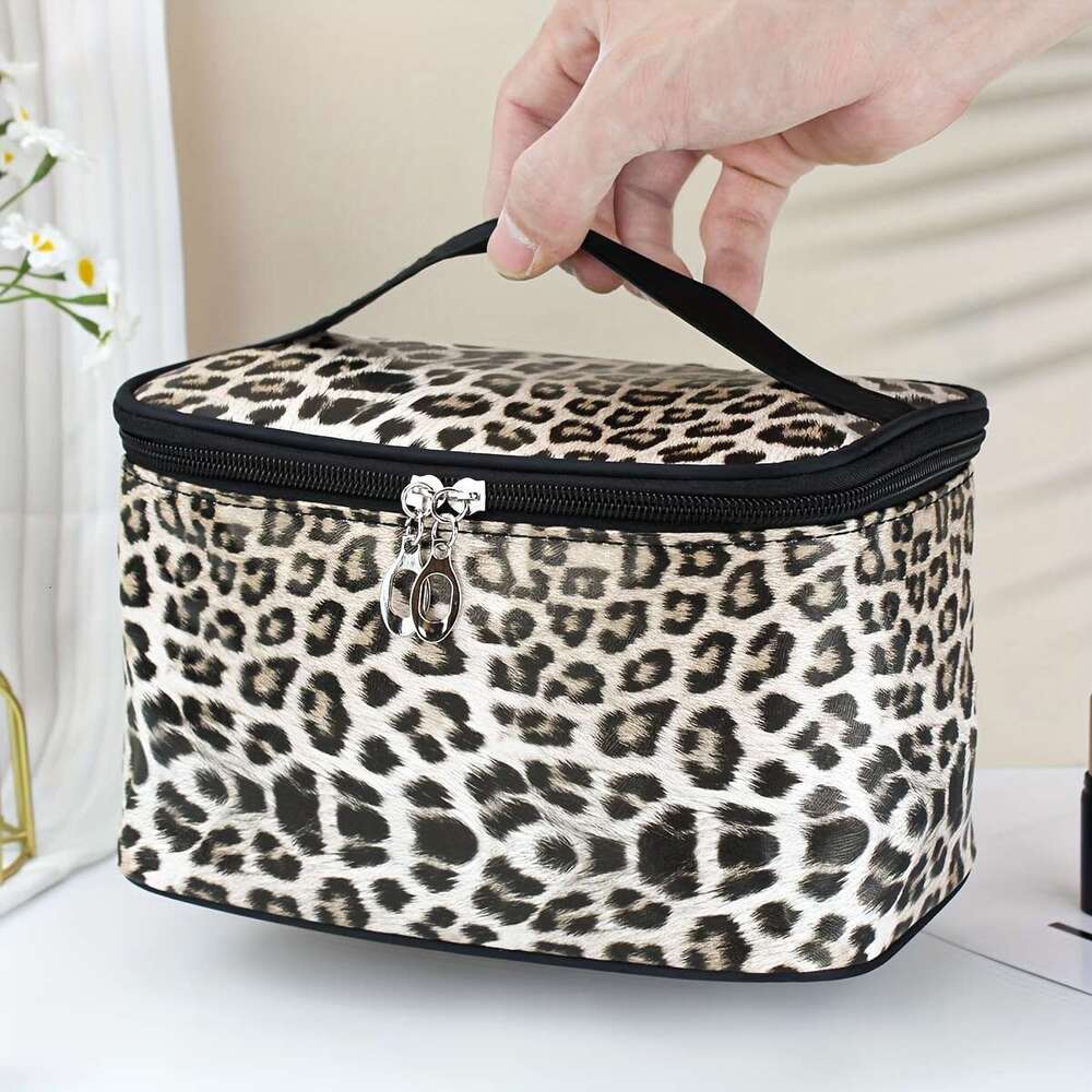 Large Capacity Leopard Print Cosmetic Bag Spacious Square Pouch Organizer with Stylish Makeup Storage Convenient Handle - Perfect for Daily Home Use a