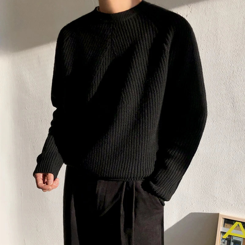 Men Pullover Sweater Japan Retro Heavy Solid Color Oneck Knitted Oversize Harajuku Streetwear Casual Knitwear C28 241111