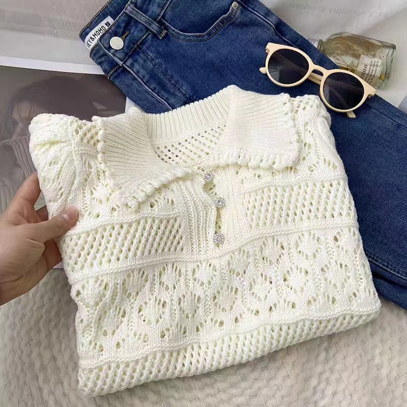 Korean 2023 Summer Hollow Out White Turn-down Collar Women Female Short Sleeve Top Casual Pullover Knit Crochet Clothes Simple