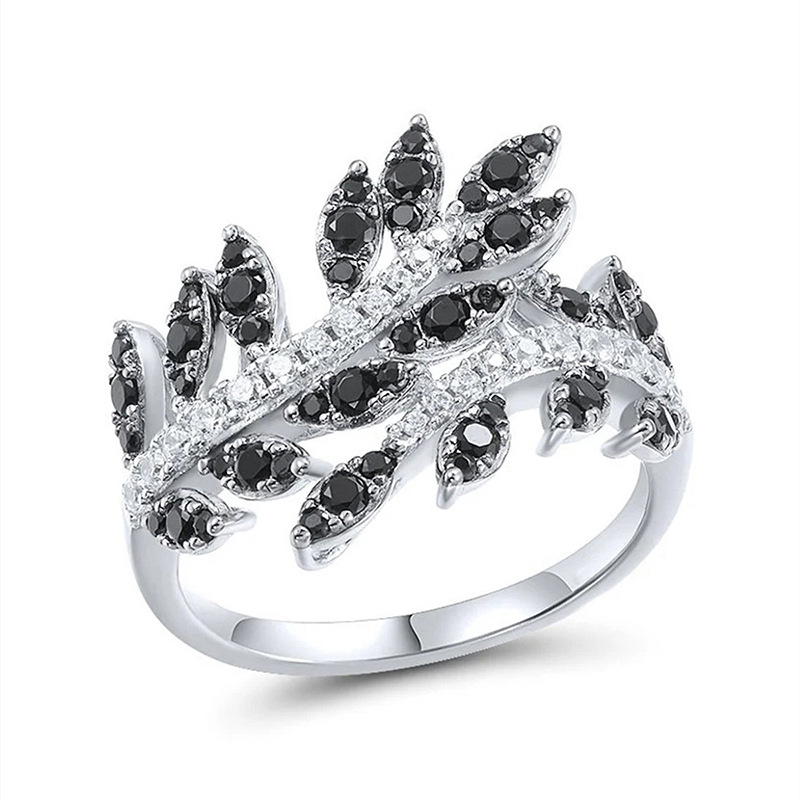 Ring fashion design black leaf diamond ring women white crystal ring white gold solitaire ring luxury jewelry