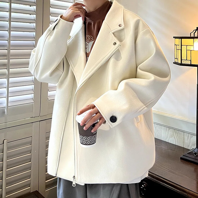 Winter Thickened Short Woolen Coat Men Warm Casual Zipper Woolen Jacket Men Korean Loose Thick Woolen Coat Mens Jackets Coat 241111