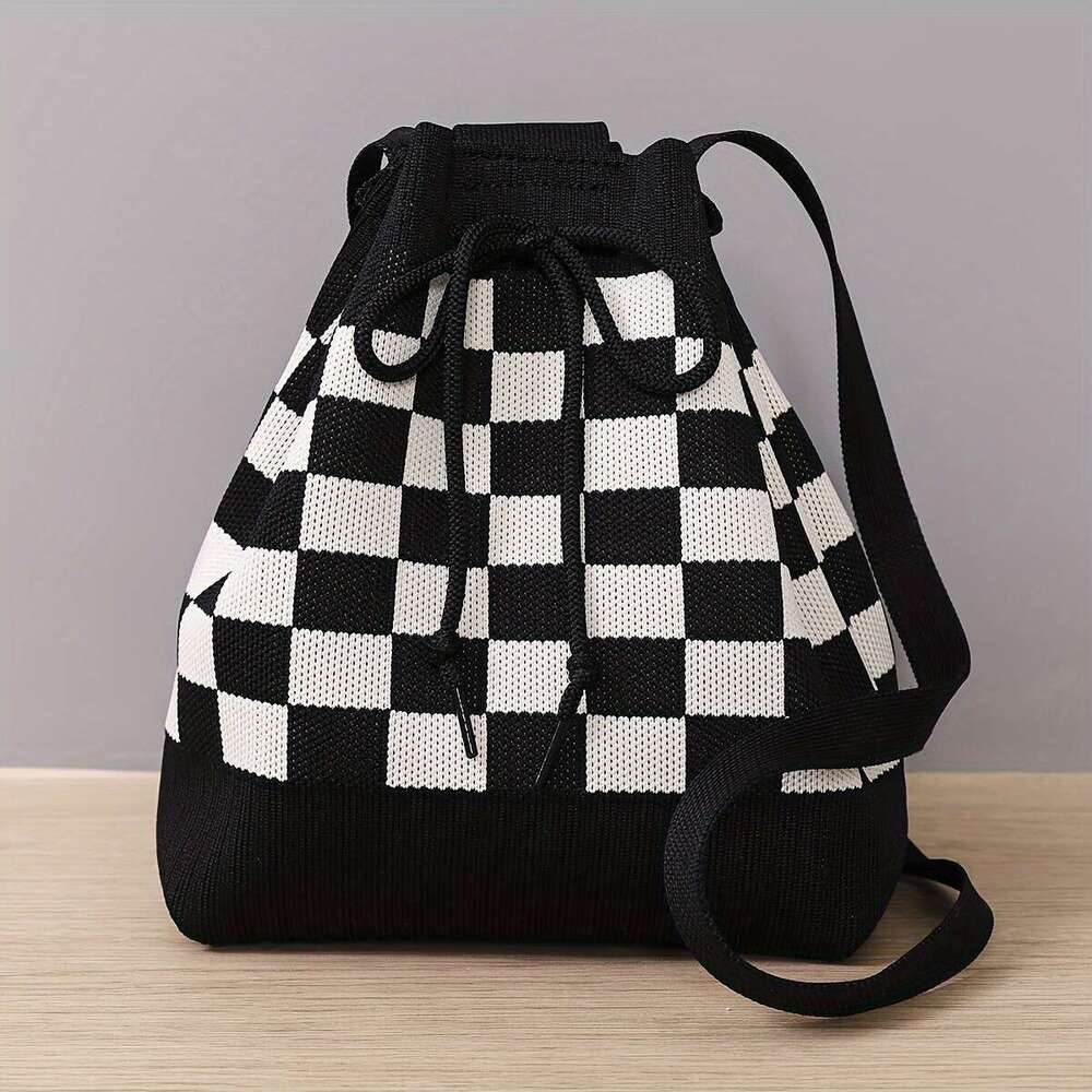 Fashion 2024 Stylish Checkerboard Knitted Shoulder Bucket Bag - Crossbody Bags with Classic Drawstring Design, Adjustable Straps, and Spacious Interio
