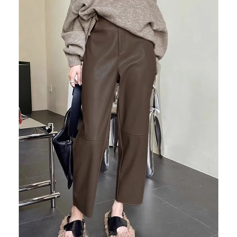 Autumn Winter High Waist Streetwear Fashion Vintage PU Leather Pant Loose Casual Harajuku Y2K Allmatch Straight Trousers 241108