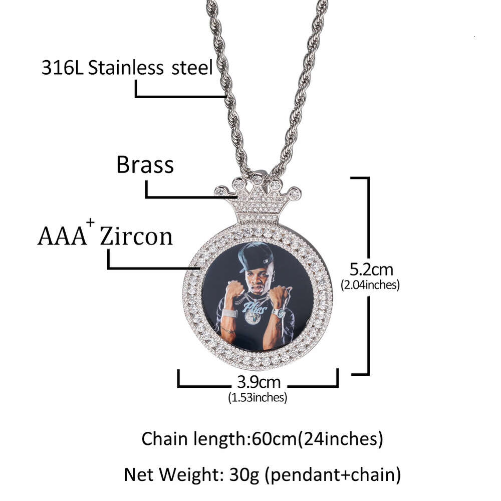Top Quality Hip Hop New Crown Custom Photo Round Pendant White Gold Color Copper Bling Cubic Zirconia Personality Diy Picture Memorial Cz Stone Jewelr