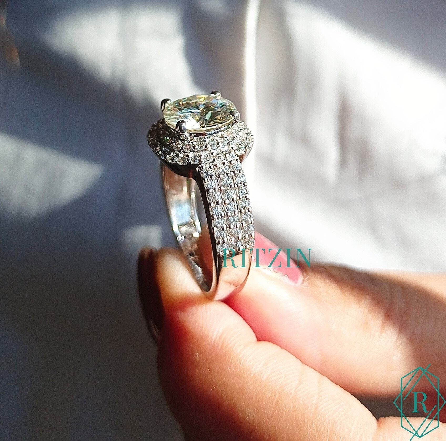 2.00 CT Round Cut Double Halo Moissanite Engagement Ring, Three Shank Ring gorgeous