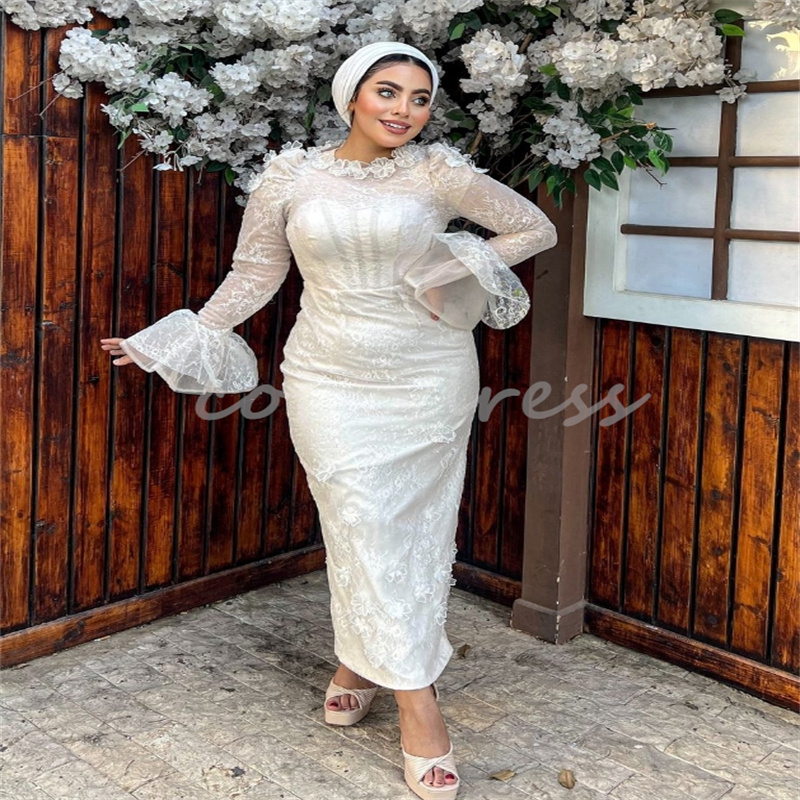 Stunning Saudi Arabic Wedding Dresses With Flowers Elegant Lace Mermaid Gatsby Bridal Gown Long Sleeve Turkish Vestio De Novia Charming Short Bride Dr