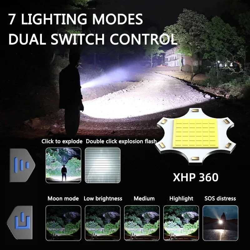 XHP360 high-power LED flashlight 15000LM portable flashlight charging ultra long distance outdoor emergency camping light X241111