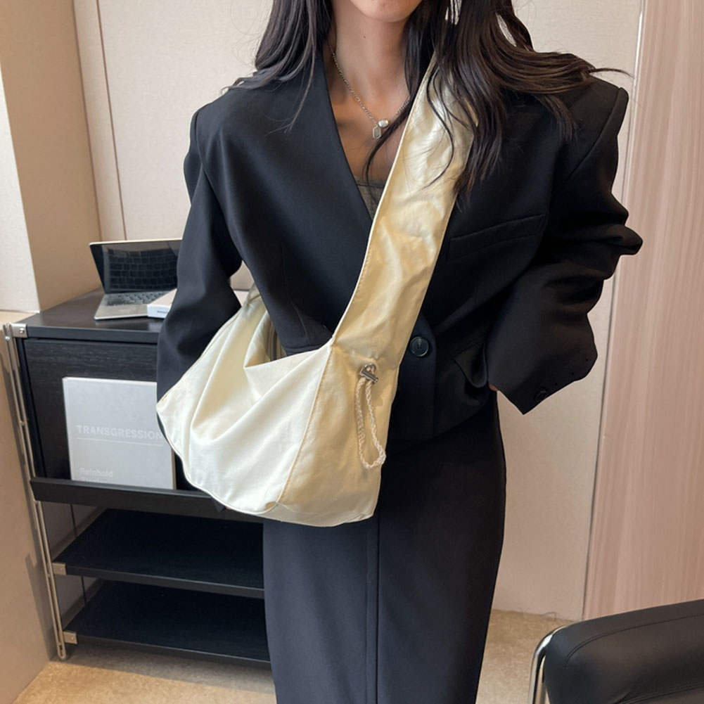 Korean Style Women's Pleated Shoulder Bags Simple Drawstring Canvas Tote Solid Color Portable Leisure Handbag Large Capacity Bag