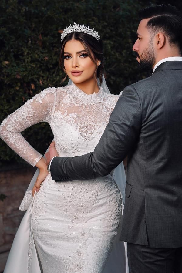 urious Arabic Dubai Lace Mermaid Wedding Dresses With Detachable Skirt Pearls Beaded Long Sleeves Elegant Ivory Bridal Gowns Chapel Train Church Vesti