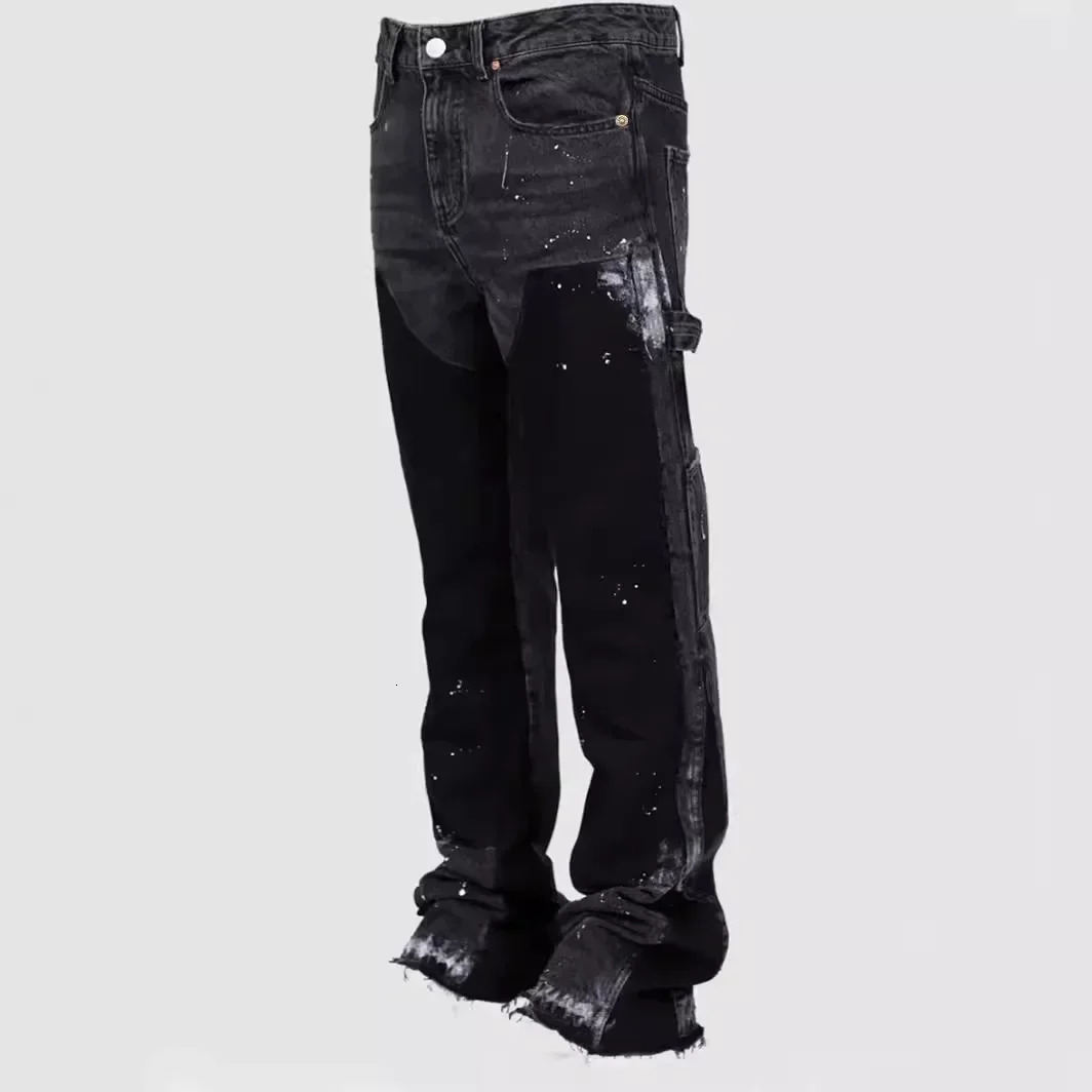 Gothic perforated old work pants elastic retro mens fashion work pants European and American patch jeans Y2k jeans 241108