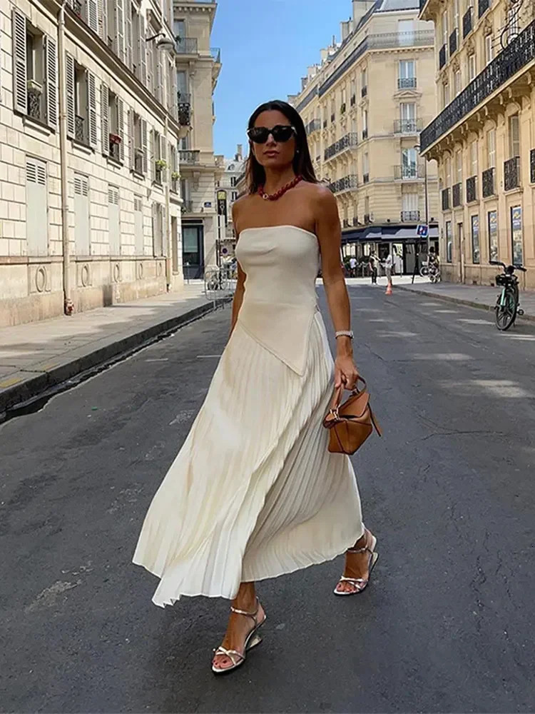 Elegant Women Solid Skirts 2 Pcs Sets Fashion Strapless Backless Top High Waist Long Skirt Suit Lady 2024 Spring Street Set 240403