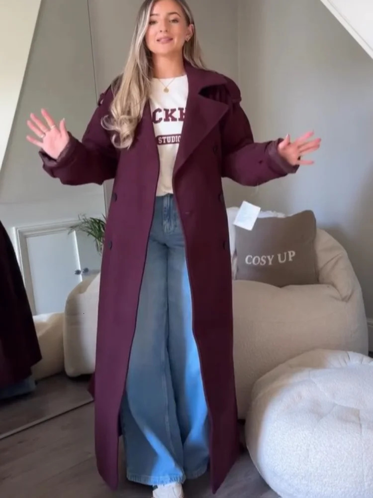 Fashion Wine Red Wool Womens Long Coat Loose Collar Long Sleeve Single Button Coat 2024 Autumn/Winter Elegant Street Clothing 241111