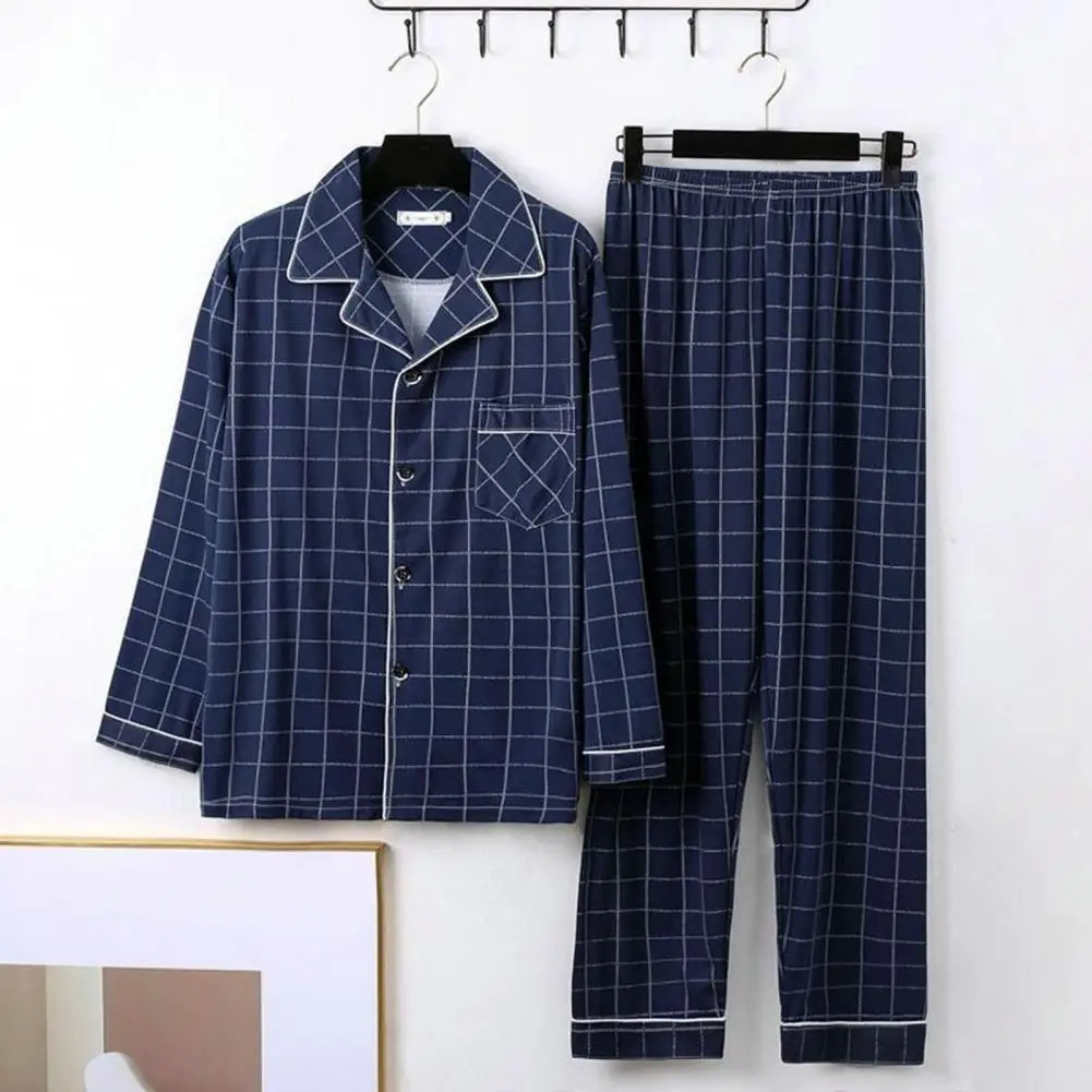 Comfy Milk Silk Loungewear Stylish Mens Fall Winter Pajama Set Striped Plaid Print Color Matching Lapel Singlebreasted Long 241111