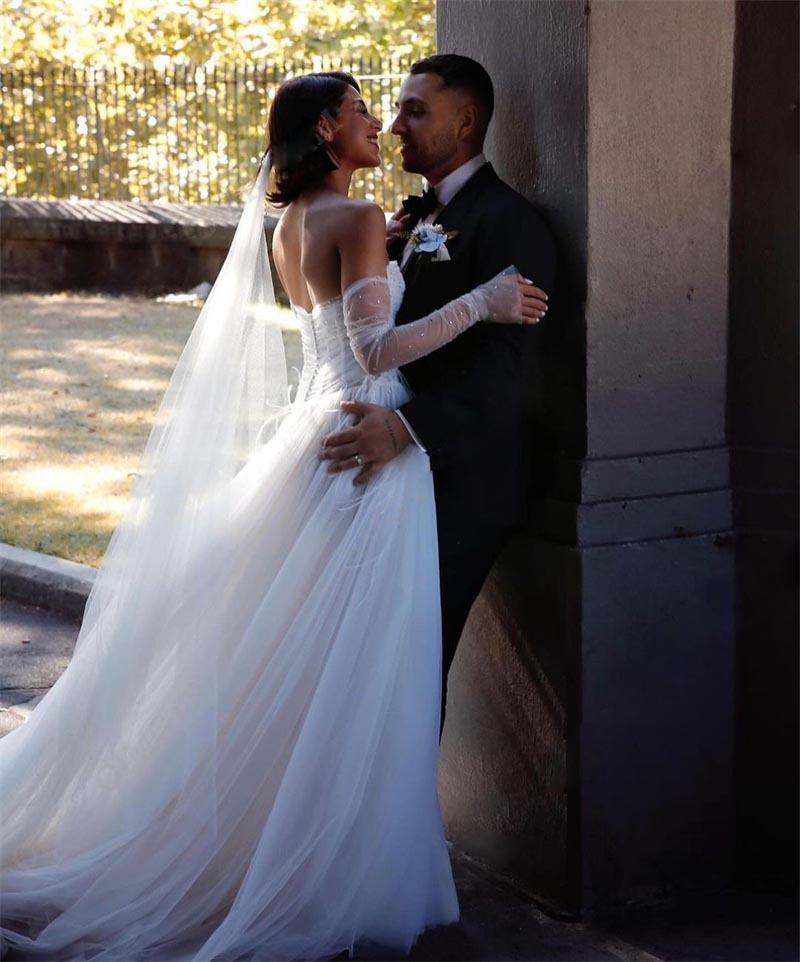 Modest Strapless A Line Wedding Dresses for Bride Illusion Thigh Split Beach Wedding Gown Beaded Sequin Ruched Boho Bridal Dress with Long Sleeve