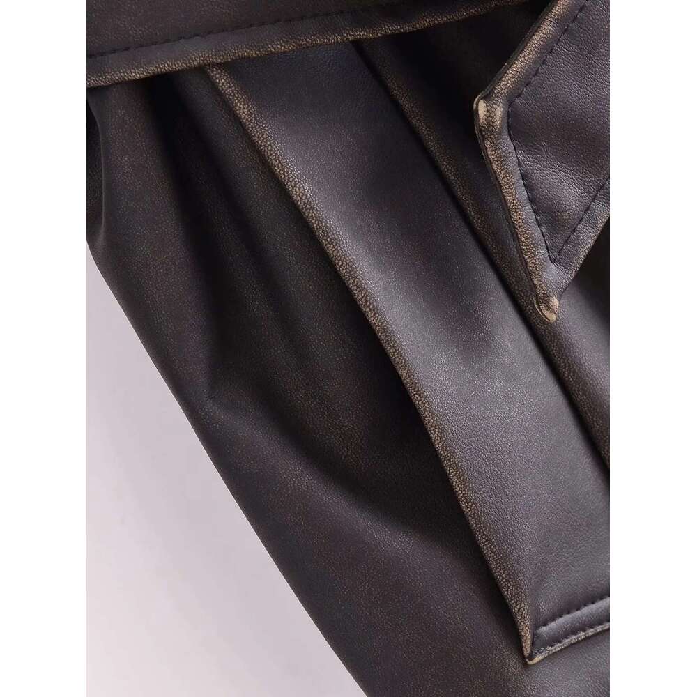 shanshi leather jacket women Fashionable French style women's clothing with vintage washed faux leather buckle long windbreaker belt