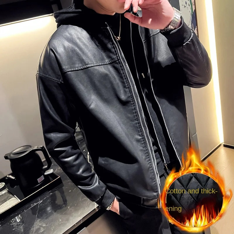 Man Fake Two Motorcycle Leather Jackets Fashion Hooded Jacket Fabric Soft Version Loose 241108