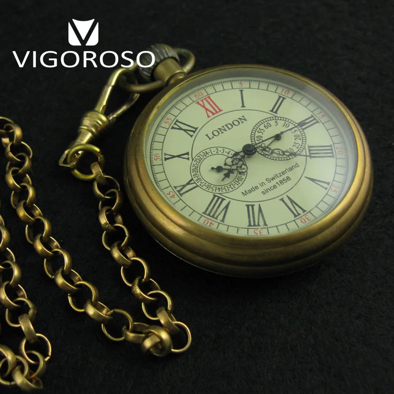 VIGOROLO series antique copper mechanical sleeve watch FOB chain hand wrapped Roman numerals 12/24-hour vintage watch 241108