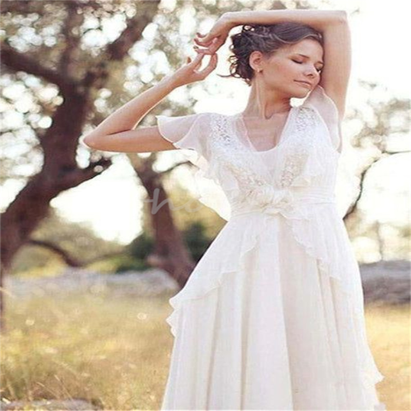 Fairy Gatsby Boho Wedding Dresses Cap Sleeves V Neck Appliques Chiffon Beach Bridal Gowns Elegant Civil Bohemian Bridal Florals Celtic Vestio De Novia