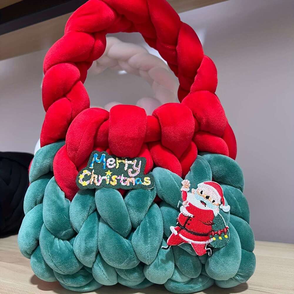Christmas Festive Handwoven Fabric Gift Bag Christmas Halloween - Plush Veet Rope Purse Women, Unique Handcrafted Fashion Accessory, Ideal for Holiday