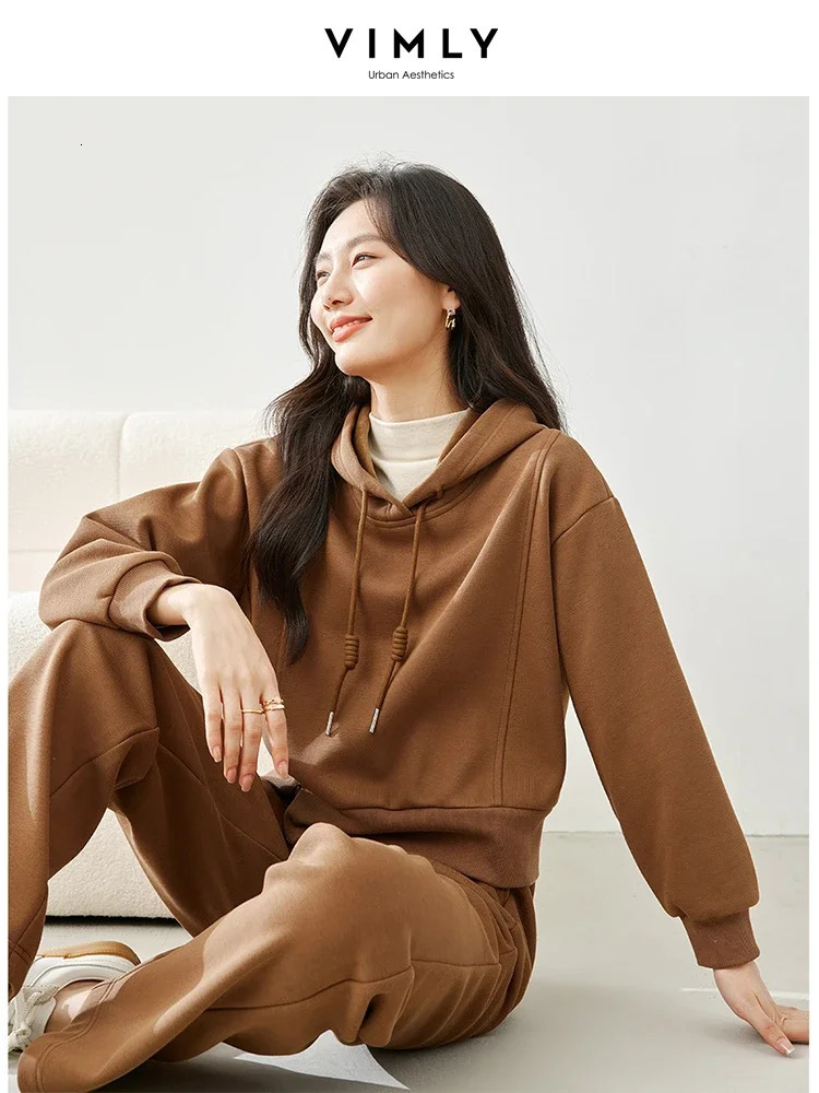 Vimly Fleece Tracksuit Womens Coffee Sports Two Piece Pants Hooded Sweatshirt Wide Leg Sweatpants Matching Set M3736 241111