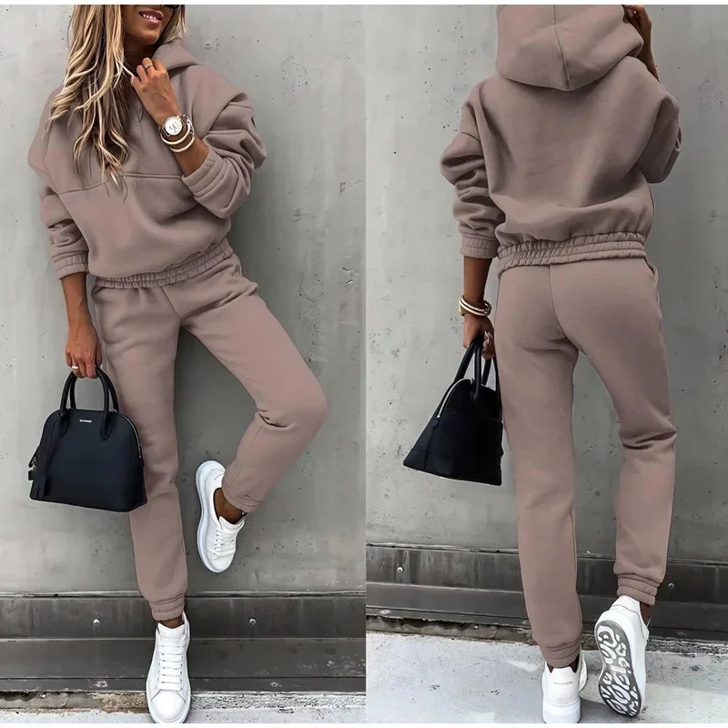 Hoodies Suit Autumn Winter Solid Casual Tracksuit Women Fleece 2 Pieces Set Sports Sweatshirts Pullover Home Sweatpants Outfits 241111