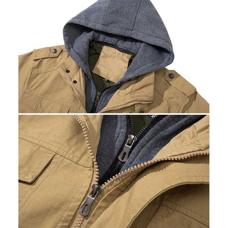 Mens autumn cotton jacket with detachable cover casual tactical jacket outdoor work cargo hooded bomber jacket US size W241111