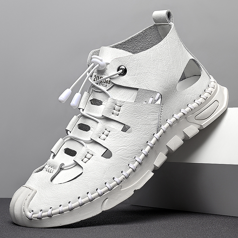 Summer White High-top Roman Sandals Men Gladiators Lace Up Buckle Leather Casual Shoes Breathable Beach Sandals Outdoor Slippers