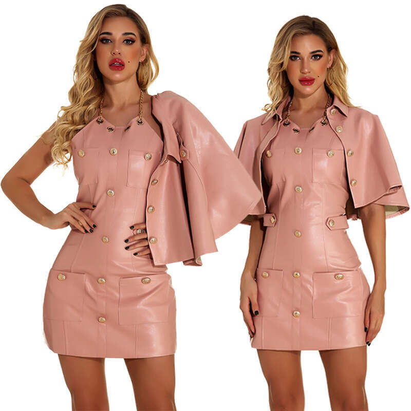 shanshi leather jacket women Spring New Women's Pink Fashion 2-piece shawl sexy dress high-end temperament leather skirt