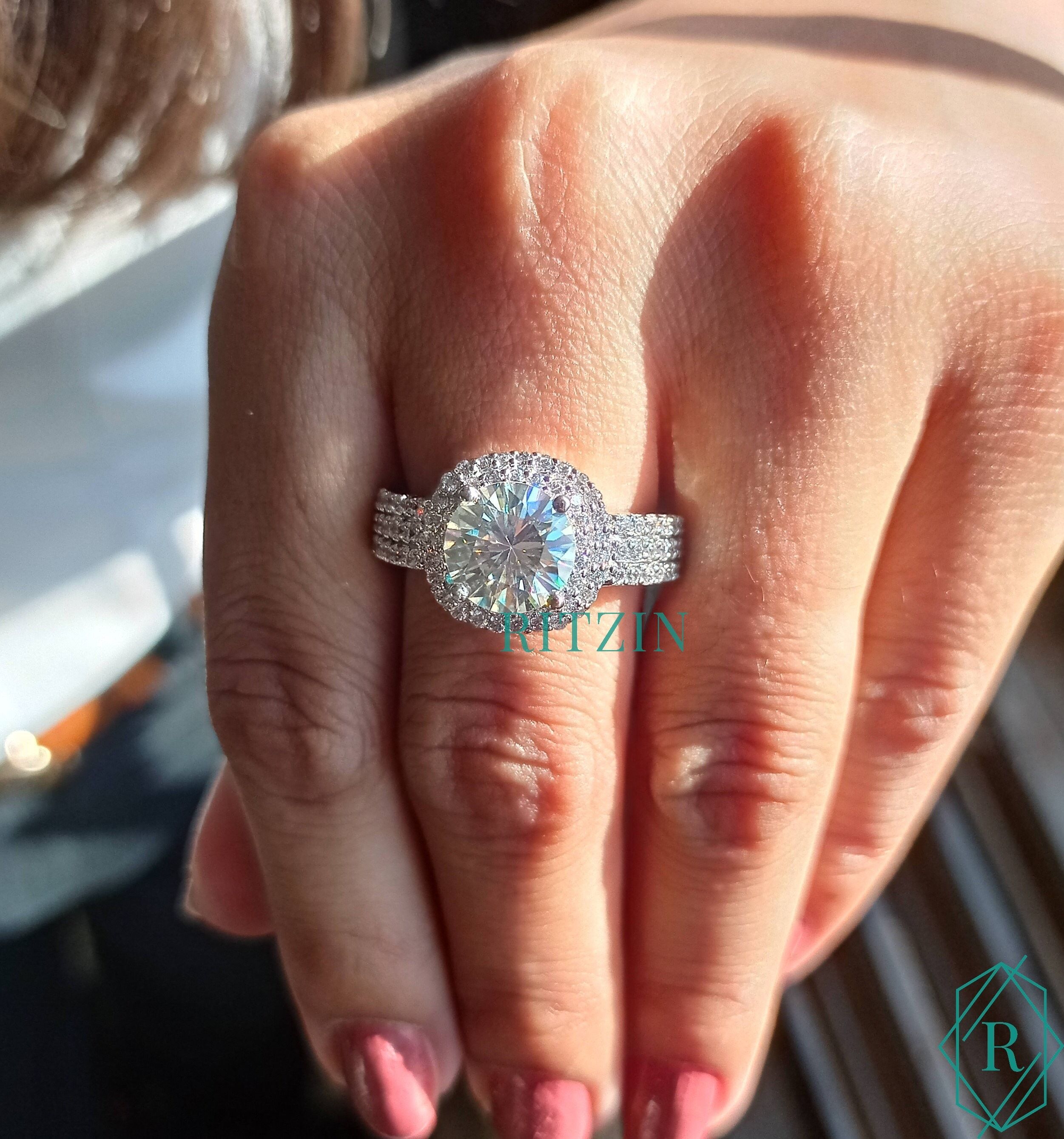 2.00 CT Round Cut Double Halo Moissanite Engagement Ring, Three Shank Ring gorgeous