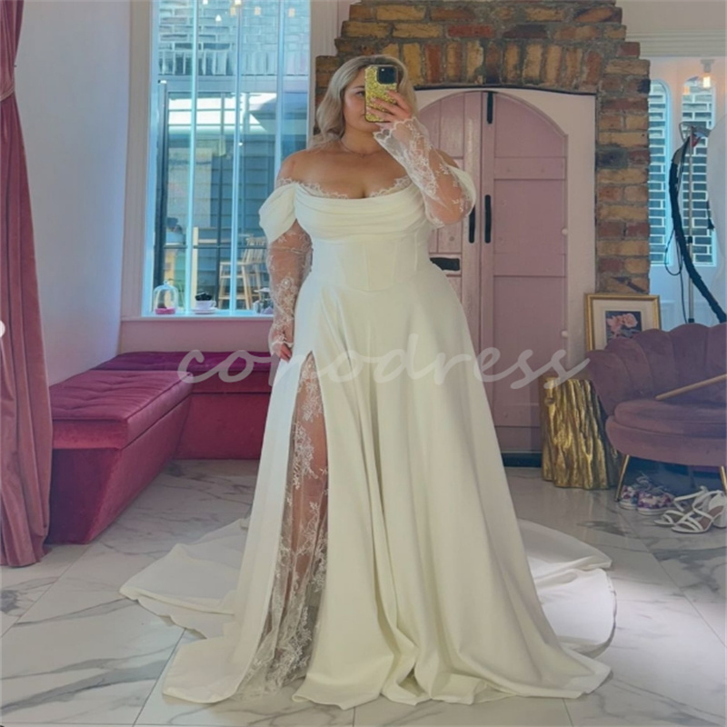 Charming Plus Size Wedding Dresses A Line Off Shoulders Lace Boho Bridal Gowns Elegant Beach Bohemian Vestio De Novia Civil Country Rustic Robe De Mar
