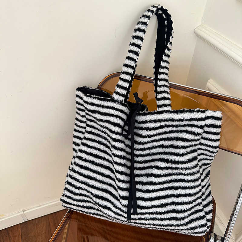 striped plush autumn winter style large capacity simple versatile reversible bag, college style 241115