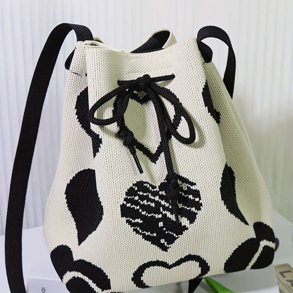 Fashion Mini Classic Heart Pattern Bucket Drawstring Shoulder Bag, Casual All-Match Handbag .