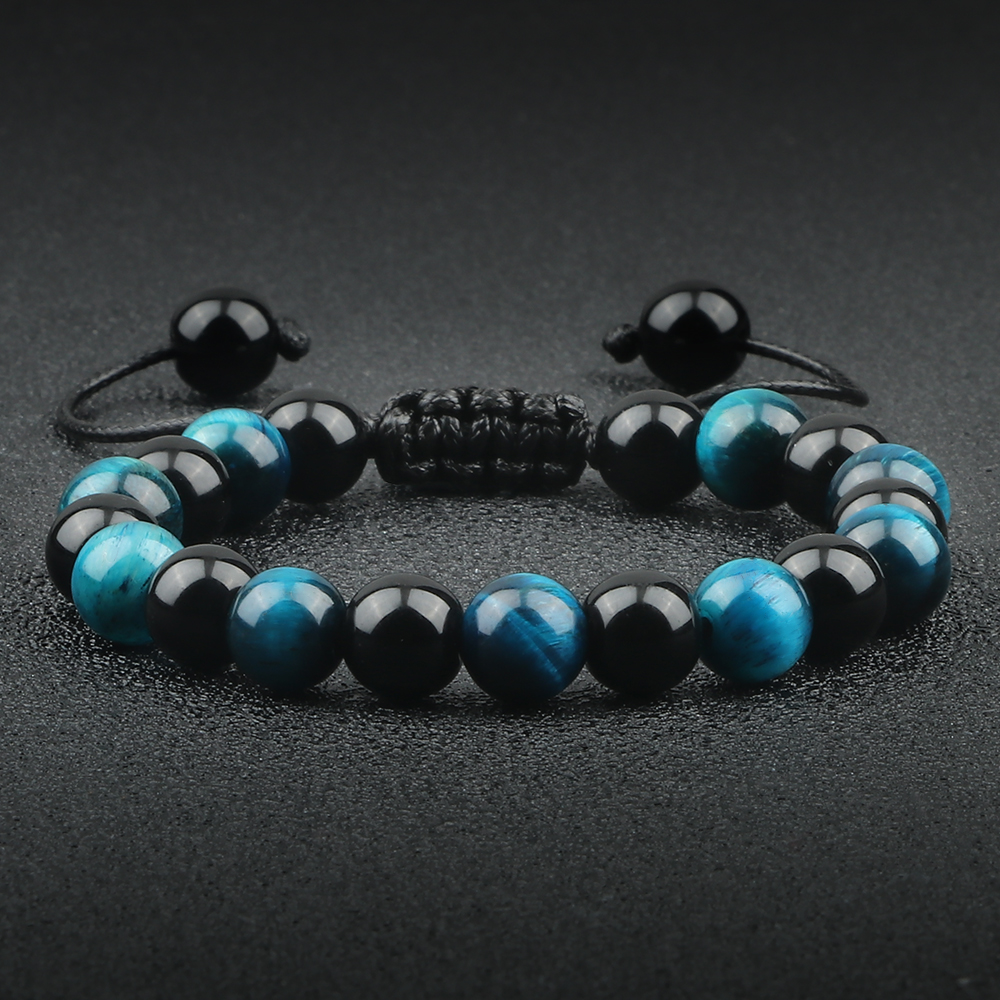 Natural Black Obsidian Beaded Bracelet Men Tiger Eye Stone Cat Eye Bracelet Yoga Essential Oil Elastic Strand Bangles Charm Gift