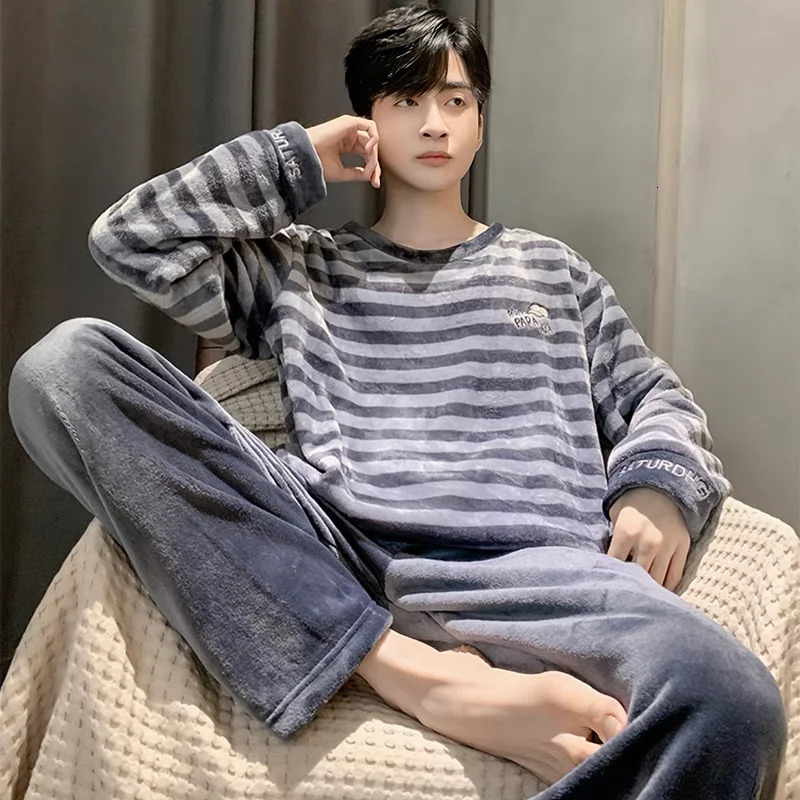 Cartoon Winter Pyjamas Sets Gent Long Sleeve Fashion Casual Sleepwear Round Neck Nightwear Suit Pajamas for Men 241111