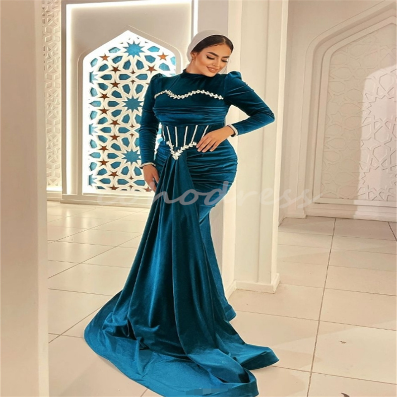 Teal Blue Muslim Arabic Evening Dersses 2025 Elegant Long Sleeve Mermaid Velvet Prom Dress Plus Size Formal Dinner Party Gowns Customized Vestio De Vi